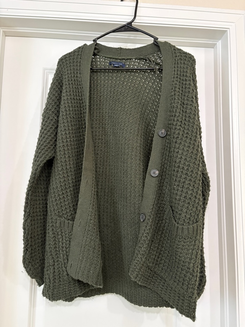 American Eagle Outfitters Olive Green Open-Knit Button Front Cardigan